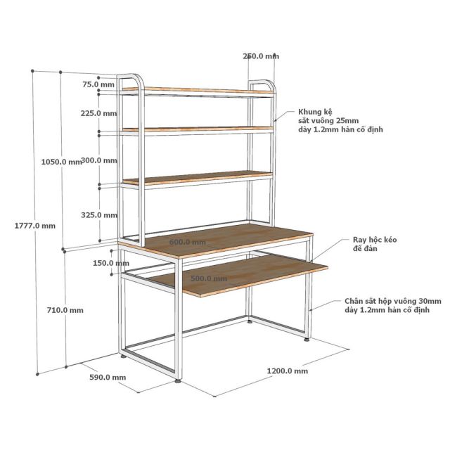 Bàn làm việc có khay đàn 120x60x180cm gỗ cao su FD68088-5