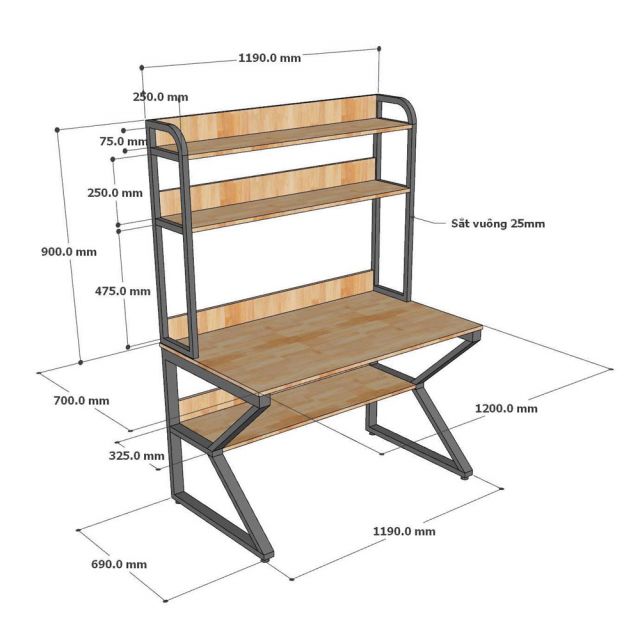 Bàn liền kệ sách chữ K 120x70x165cm gỗ cao su FD68087-4