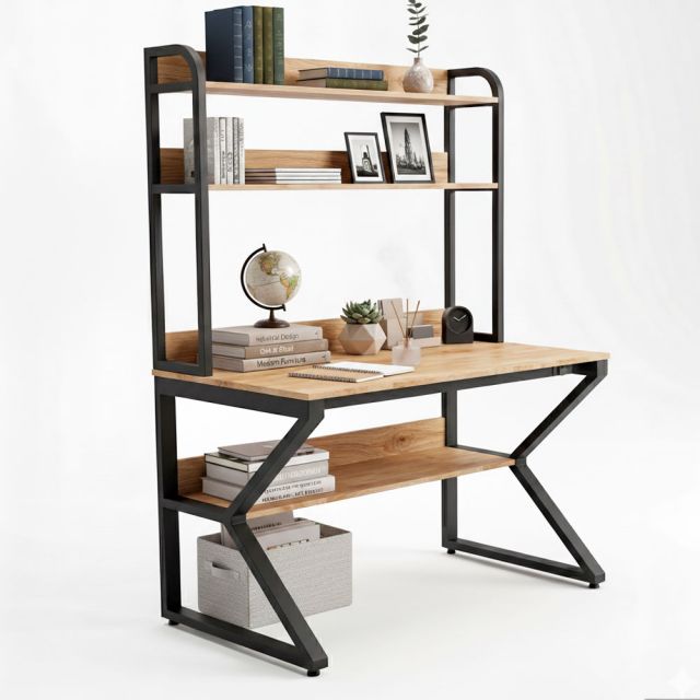 Bàn liền kệ sách chữ K 120x70x165cm gỗ cao su FD68087