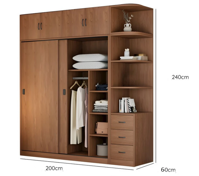 Tủ quần áo gỗ 2 tầng cánh lùa kèm kệ góc trang trí hiện đại A19-