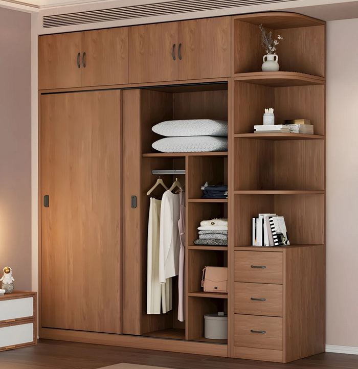 Tủ quần áo gỗ 2 tầng cánh lùa kèm kệ góc trang trí hiện đại A19