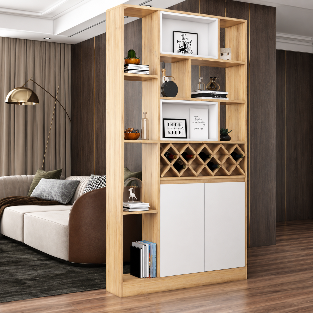 Tủ kệ gỗ vách ngăn đựng rượu trang trí phòng khách TR46