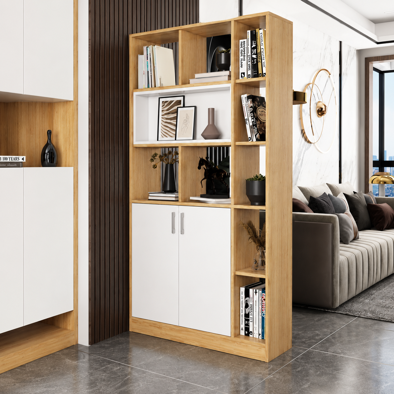 Tủ kệ sách gỗ trang trí làm vách ngăn phòng khách đẹp KSG120-