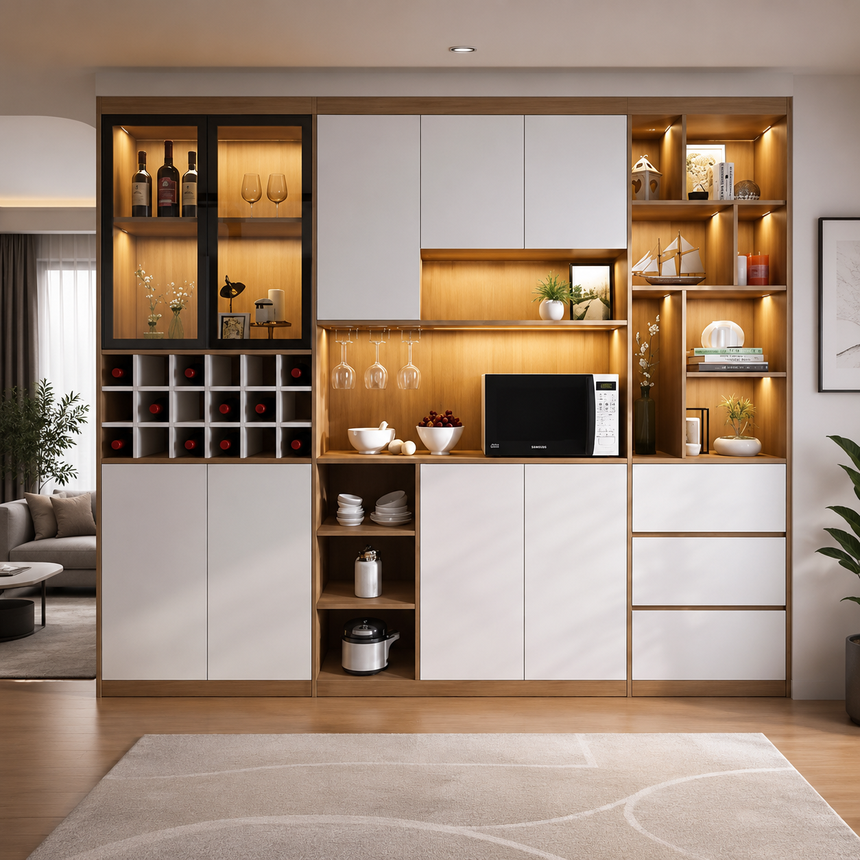 Tủ rượu gỗ trang trí phòng khách 2m6 đẹp hiện đại TR32
