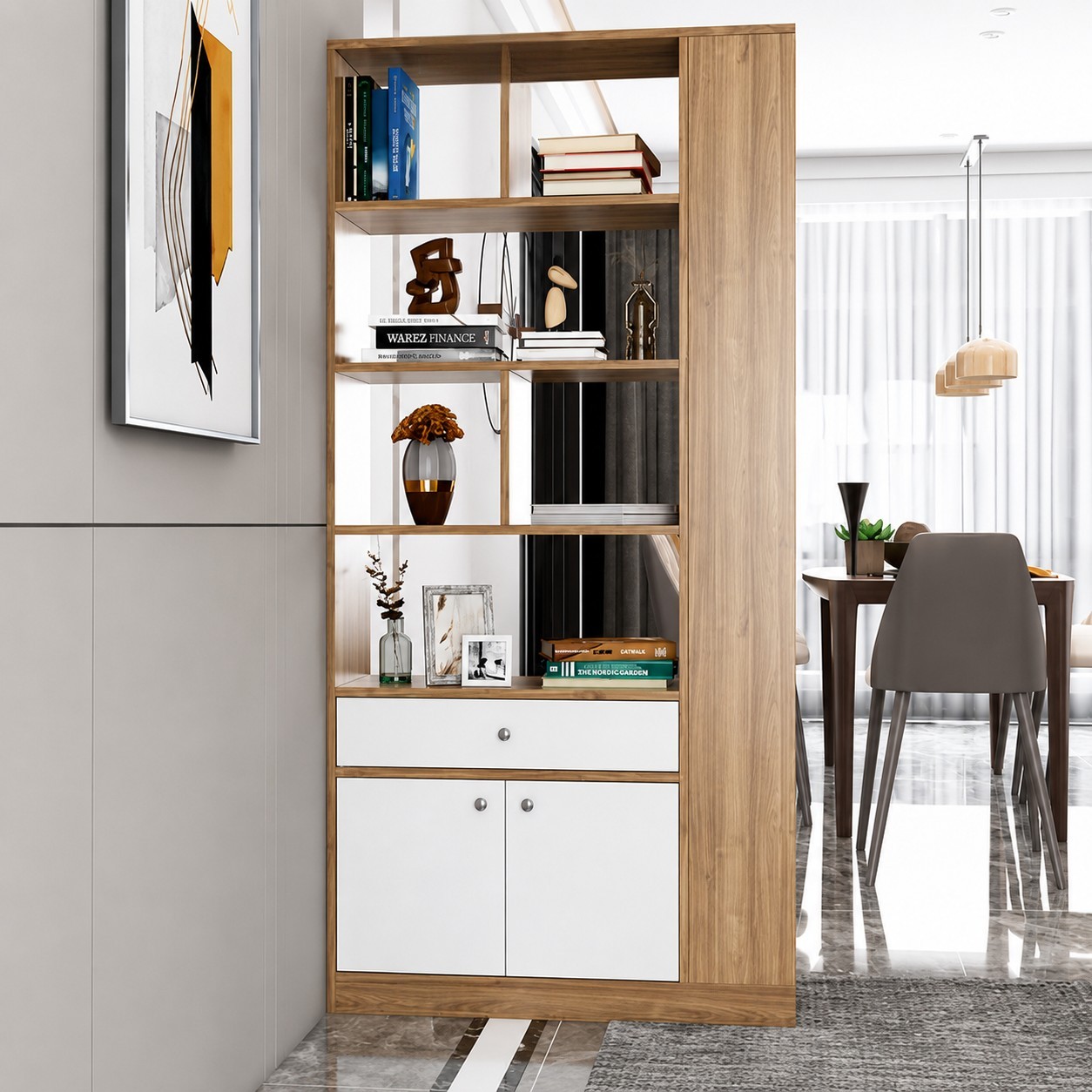Tủ vách ngăn gỗ để sách và đồ trang trí phòng khách KSG124-1
